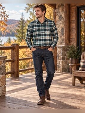 L.L.Bean Signature Men’s Green Plaid Flannel Shirt Slim Fit Large